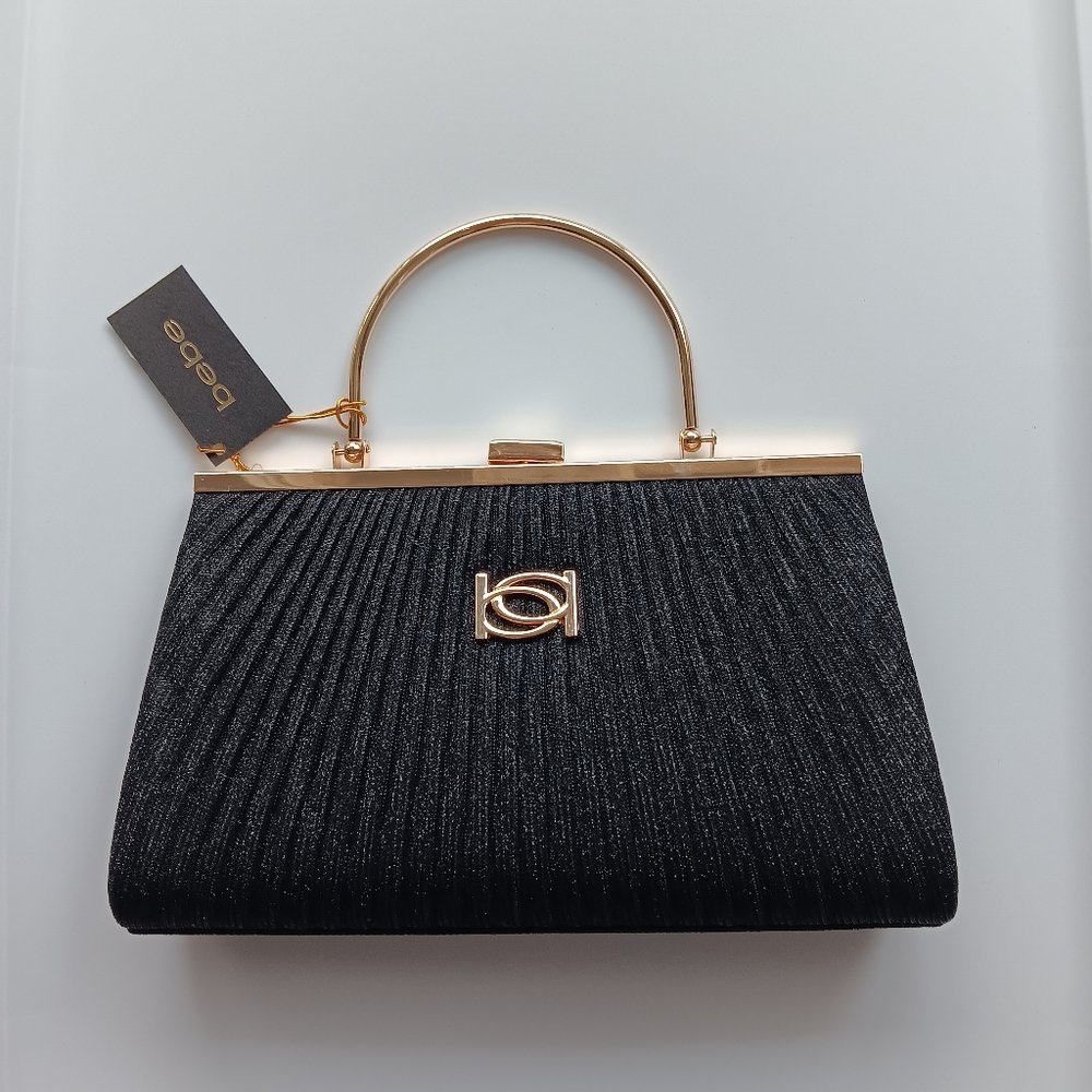 NEW bebe Formal Evening Bag Black Metallic Gold Pleated Snap Closure Clutch Gift - Picture 6 of 11